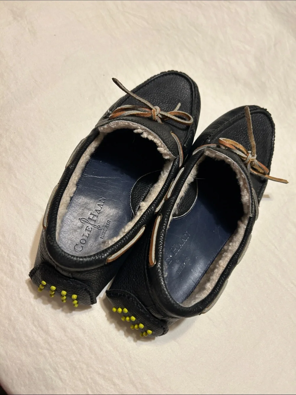 Cole Haan Black Leather Shearling-Lined Driving Moccasins with Brown Lace